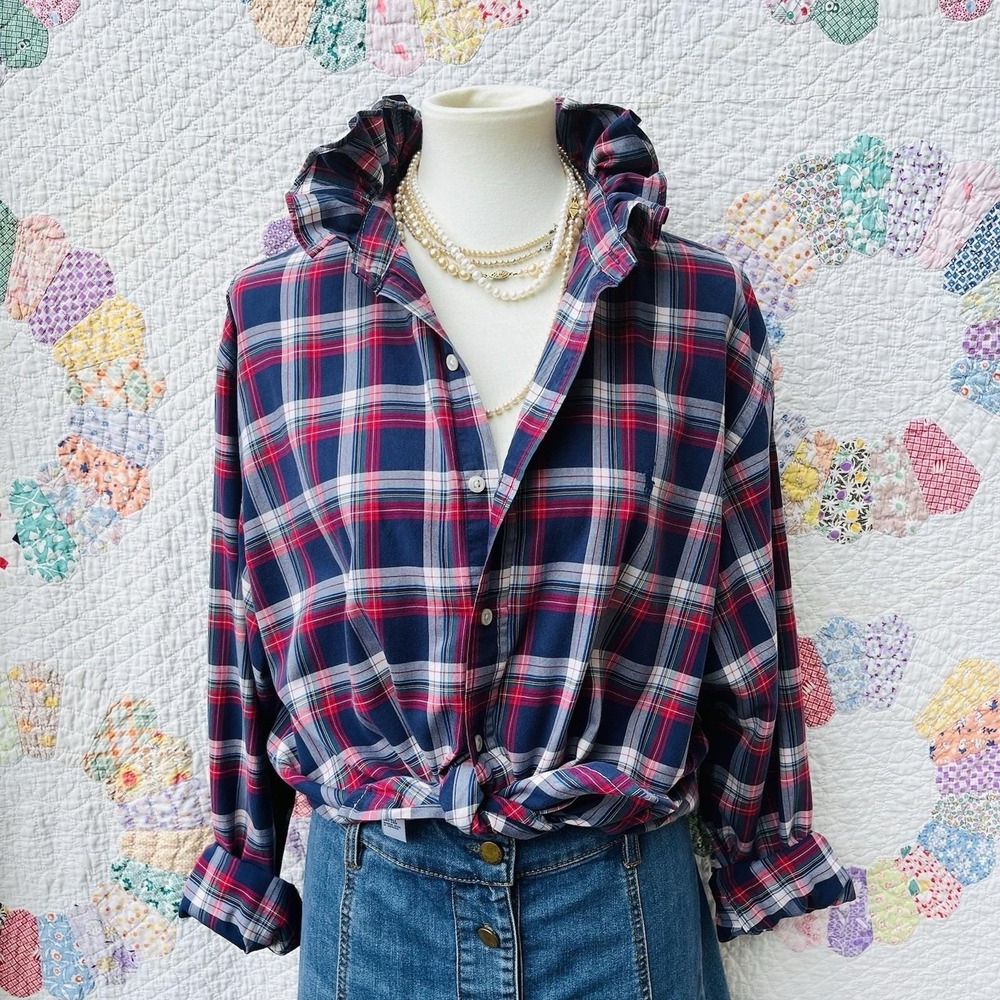 Upcycled Re-worked Ralph Lauren Custom Fit Red Plaid Ruffle Collar Shirt 3XL